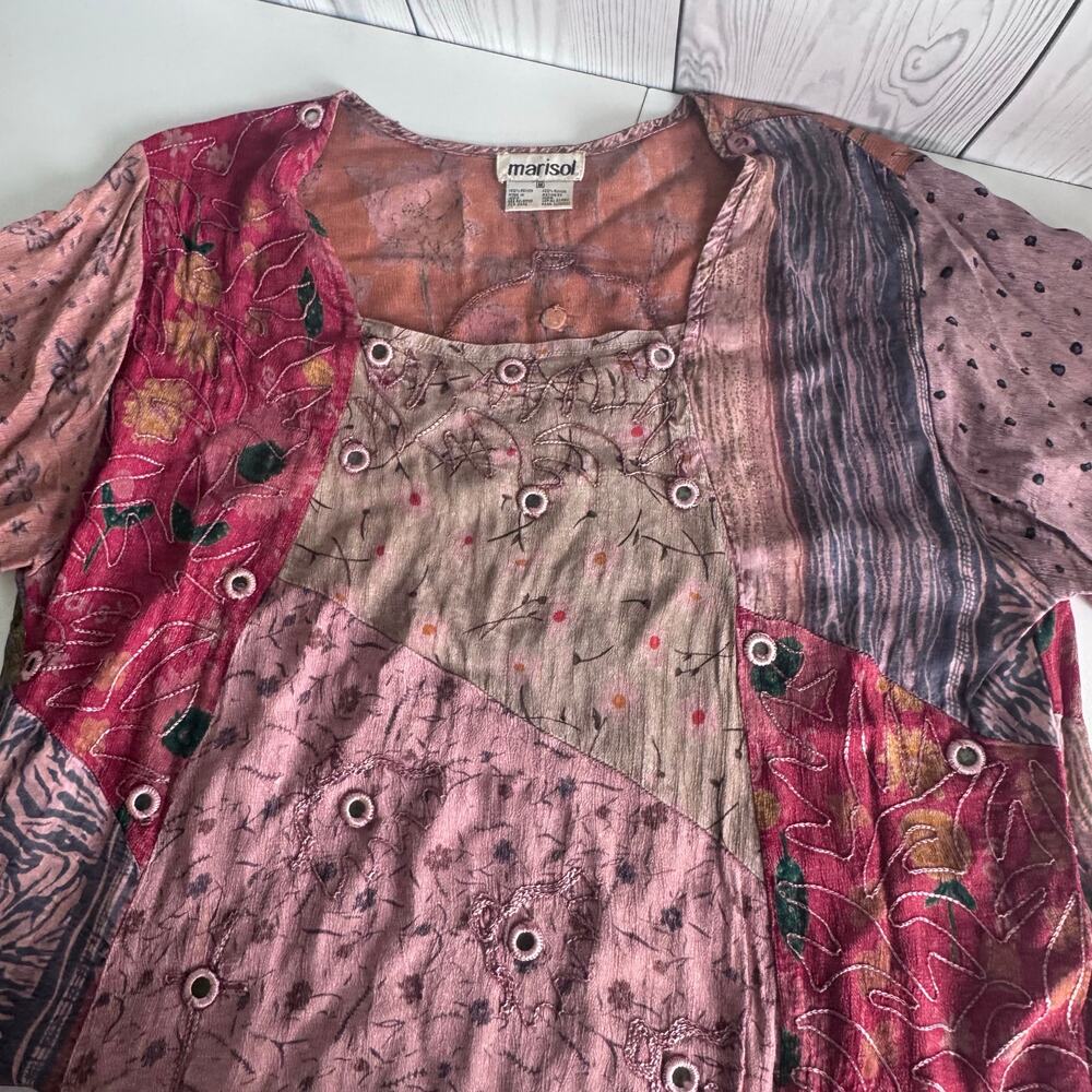 Vintage Y2K 1990s Flowy Boho Lagenlook Ruffle Bottom Rayon Blouse Funky Size Med